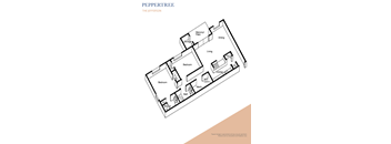 A diagram of a house layout with a kitchen, living room, dining room, and bathroom.